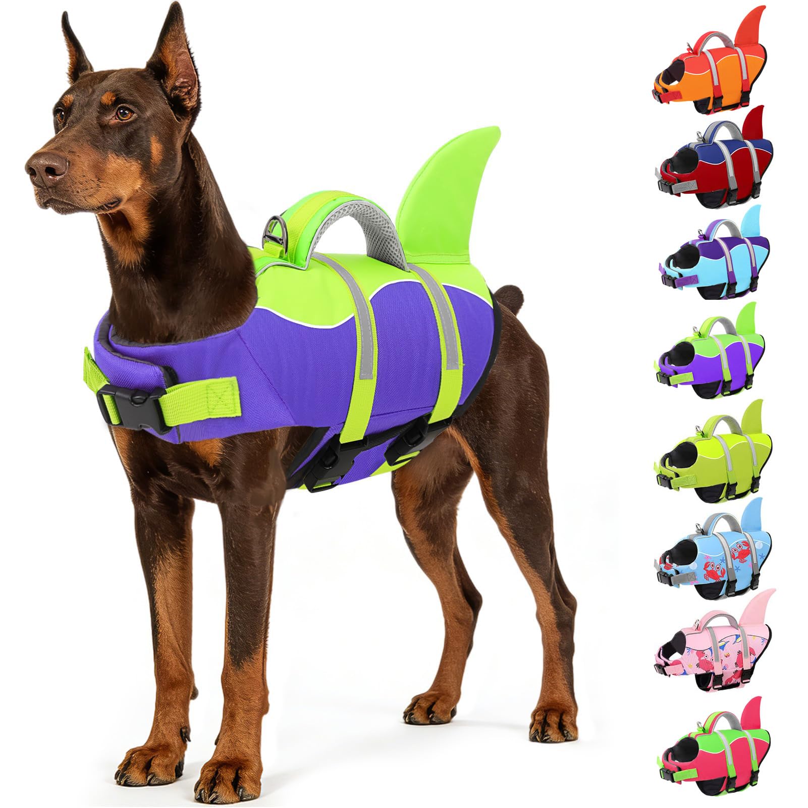 AOFITEE Hundeschwimmweste Hai, Verstellbar & Ripstop Schwimmweste Hunde, Hohe Flotation Rettungsweste Hund mit Rettungsgriff und Reflektorstreifen für Kleine, Mittlere, Große Hunde