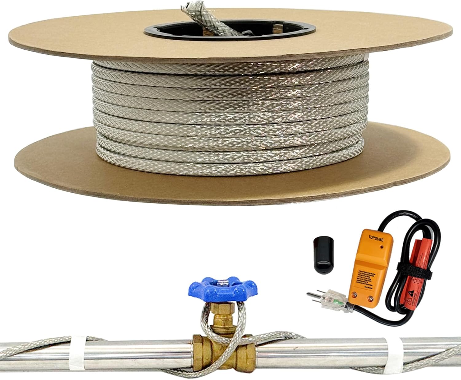 100′ HTM Braid Self Regulating Heating Cable Mobile Home Heat Tape Water Pipes Freeze Protection & Freeze Free Connector Kit – Plug and End Seal *1