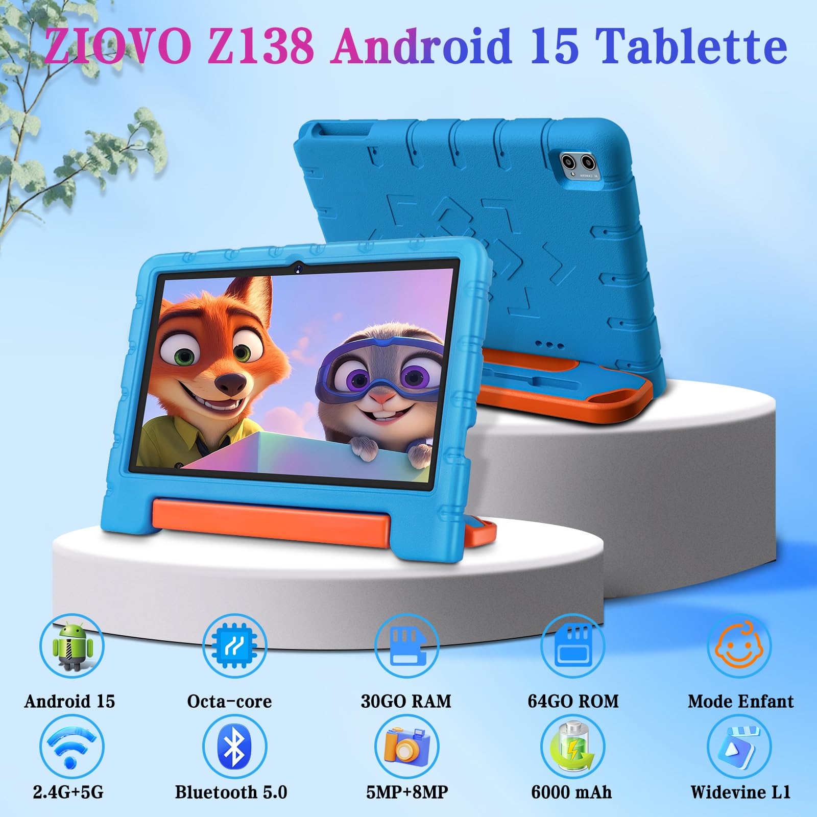 ZIOVO Tablet Bambini 10 Pollici Tablets Android 15, 30GB RAM+64GB ROM(TF 2TB), 5G WiFi Tablets,Gemini AI/Octa-Core/Widevine L1/Face ID/Parentale Controllo/6000 mAh/BT 5.0, Tablet con Eva Caso-Blu