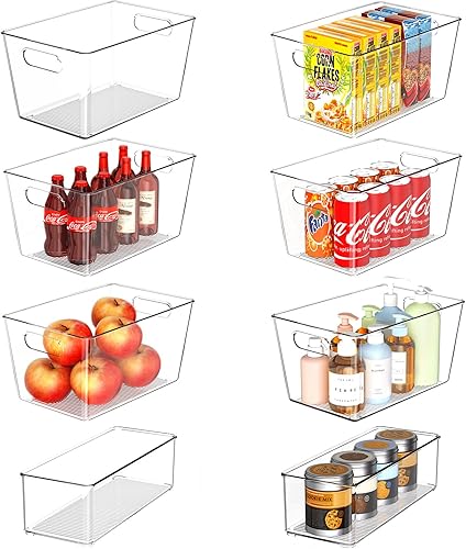 Juego de 8 cubos de almacenamiento de plástico transparente, 6 organizadores grandes + 2 pequeños organizadores de despensa y contenedores de