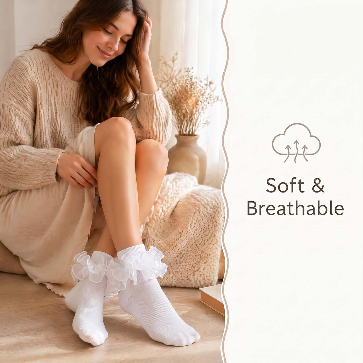 4 Pairs Women Big Ruffle Socks, Double Lace Turn Cuff Frilly Ankle Socks,Cotton Dress Bobby Sock for Women