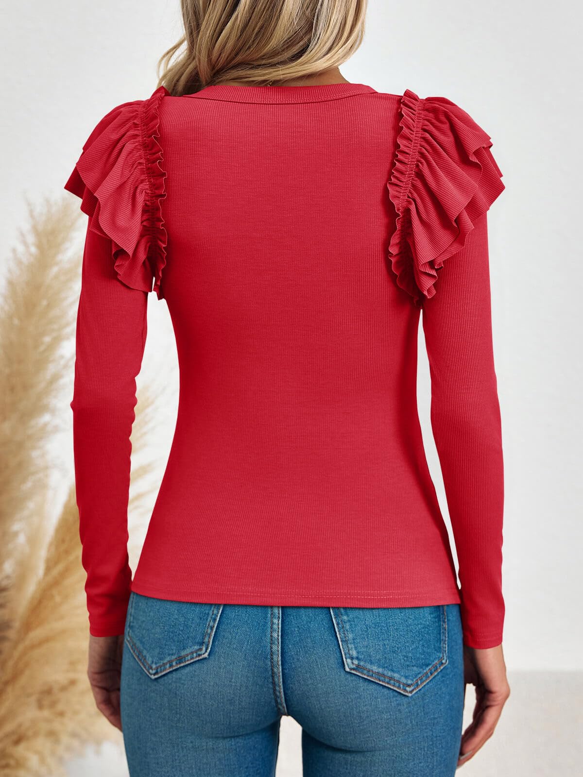 Tankaneo Camicie da donna a maniche lunghe con volant top in maglia a costine autunno casual t-shirt girocollo