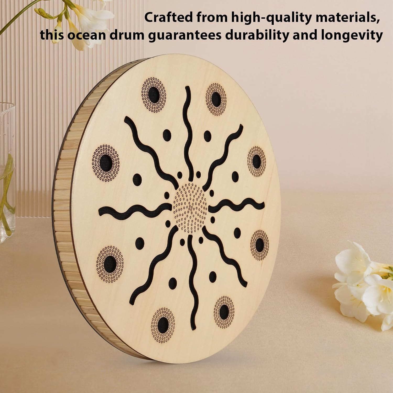 12 Inch Ocean Drum Ethnic Percussion Instrument Bamboo Wooden Drum for Home Party Supplies Onomatopoeic Music Portable Hand Drum Instrument Natural Color Sound Therapy Relaxing Water Sound