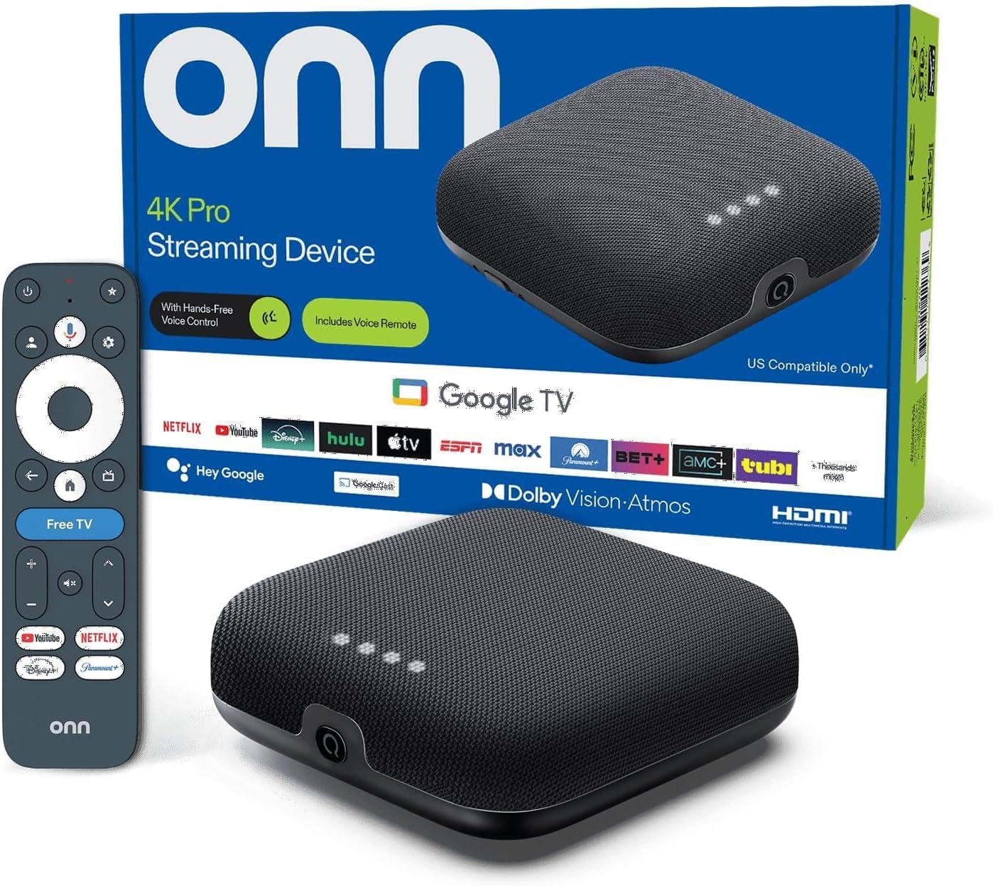 ONN 4K Pro Streaming Device, Google TV with Gemini* - Ultra Fast Streaming, Amazing 4K UHD, 32GB Storage, 3GB RAM, Dolby Vision & Atmos, Look for Backlit Remote Control, Ethernet Port