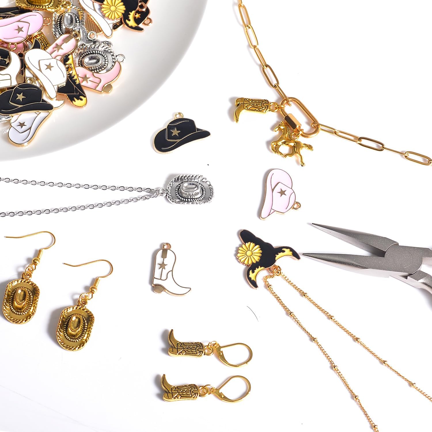 Western Cowboy & Cowgirl Charms, Silver Gold Plated & Enamel Charms for Jewelry Making,Boot Gun Hat Horse Cactus Trinkets for Necklace Earrings Bracelet Keychain