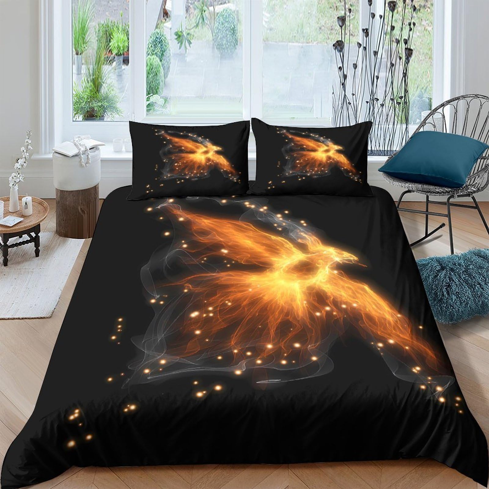 Ctjqhvkz Style-4 3D Printed Golden Phoenix Fitted Sheet Microfiber Soft Black Fire Bird Mattress Cover For Bedroom Decor Dorm Use Single（135X200cm）