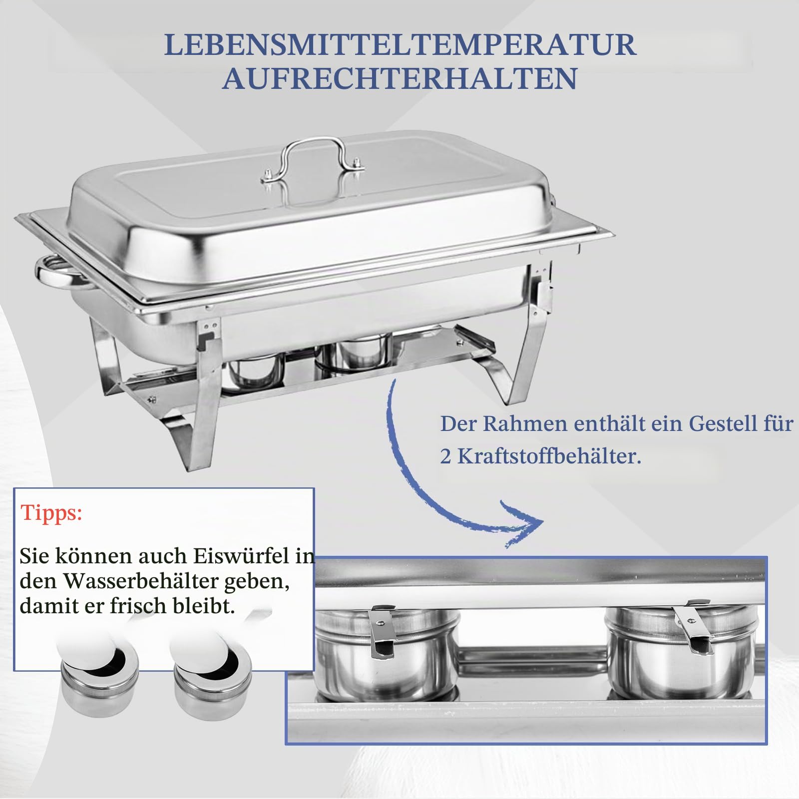 Chafing Dish,Edelstahl Warmhaltebehälter,Speisenwärmer, Edelstahl Speisenwärmer Behälter,Wärmebehälter für Catering, Buffet und Party,55.7x34x38.3cm(FÜR 3 PFANNEN)