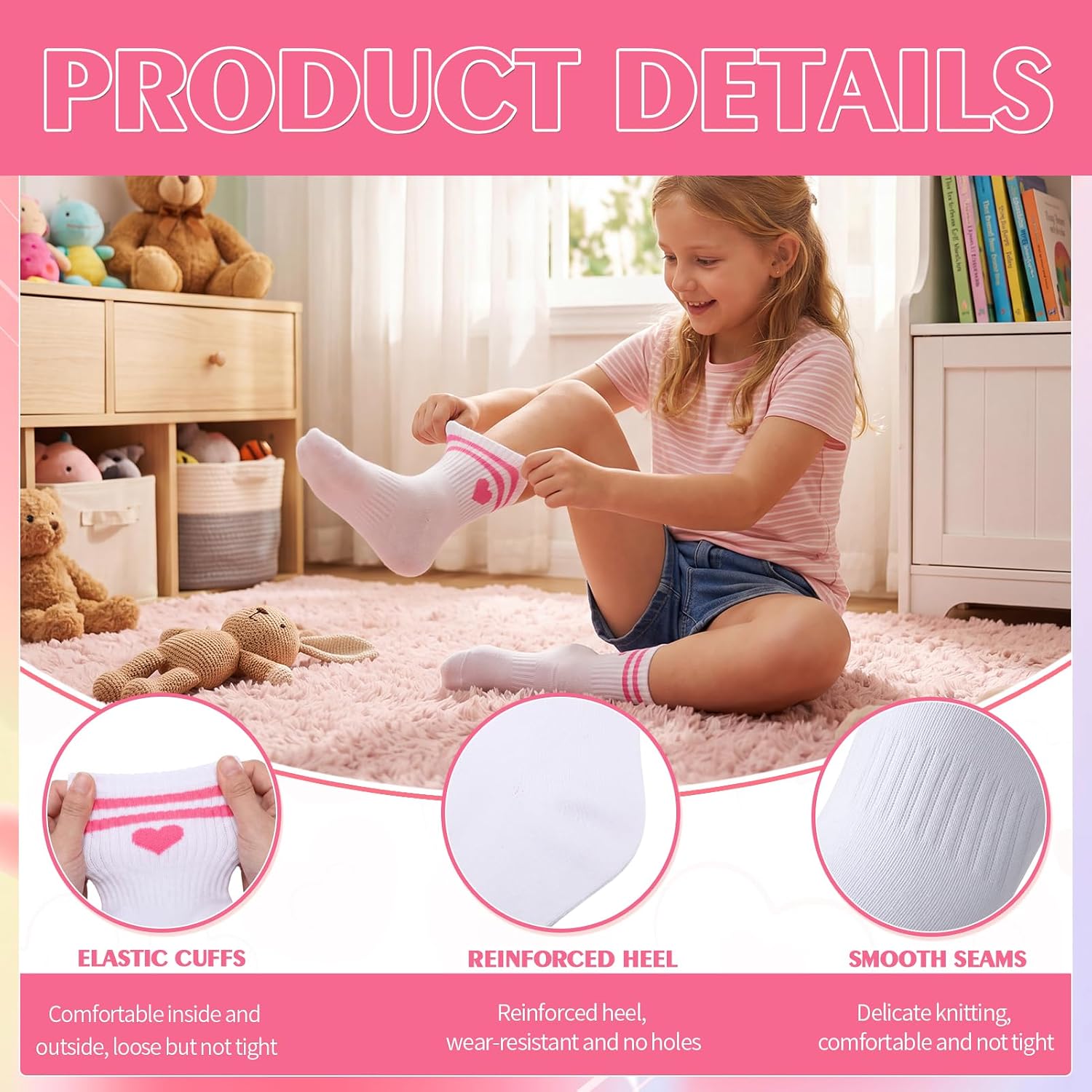Kids Girls Crew Socks Cotton Athletic Socks with Stripe Hearts | Soft Cotton Blend, Stretchy Cuff, Cute Heart Stripes Print, Multi Pack for School, Play, Casual Daily Wear