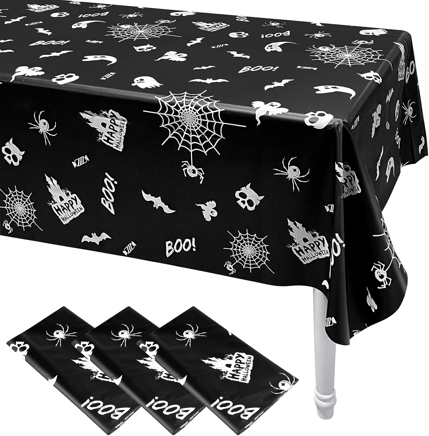 ELECLAND 3Pcs Black Halloween Tablecloth 54x108 inch Spider  Halloween Tablecover Ghost