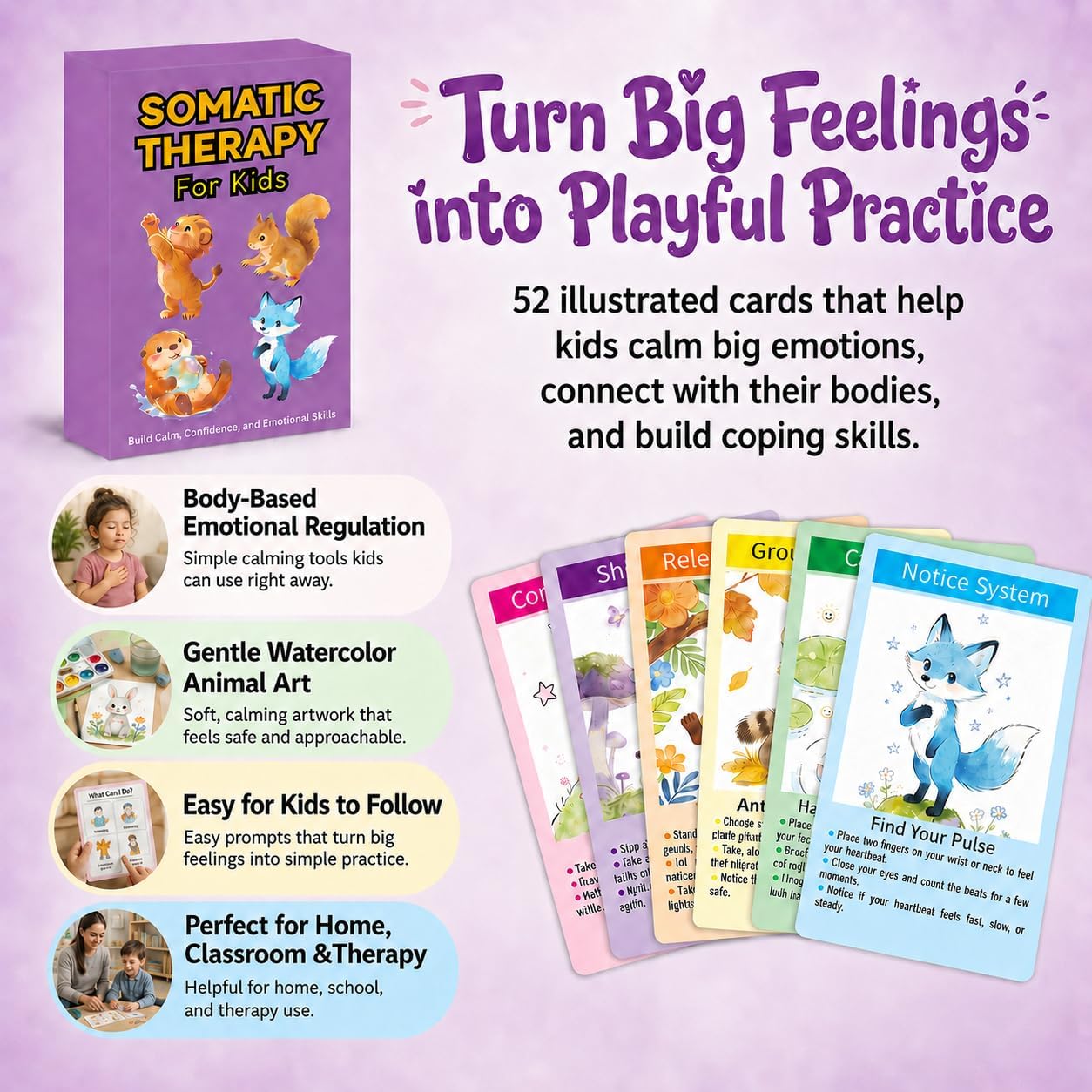 Somatic Therapy Cards for Kids, 52 Emotional Regulation Exercises Mindfulness, Calm, Focus & Coping Skills Therapy Tools for Home, School, Calm Down Corner Ages 5-12 image 2