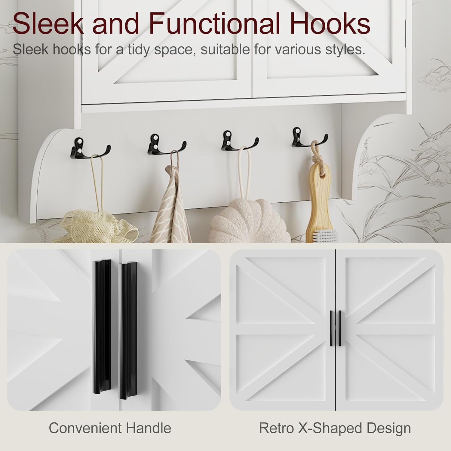 VECELO Farmhouse Bathroom Wall Cabinet, Medicine Cabinet with 4 Hooks, Wall Mounted Storage Cabinet with Open Partition and Adjustable Shelves for Bathroom, Kitchen, Laundry Room, White