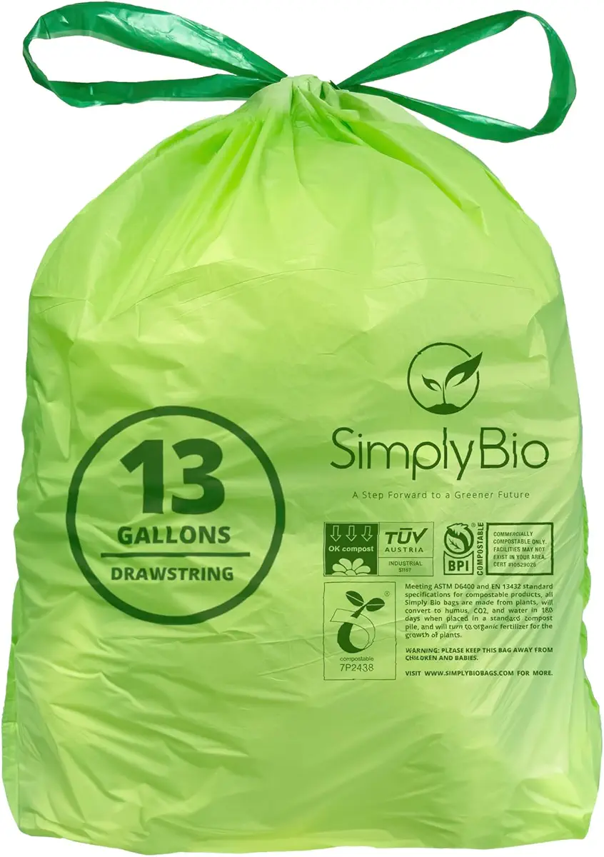 Simply Bio 13 Gallon Compostable Trash Bag with Drawstring, Heavy Duty Extra Thick 1 Mil, 30 Count, 49.21 Liter, Tall Kitchen Food Scrap Trash Bags, ASTM D6400, US BPI and Europe OK Compost Certified