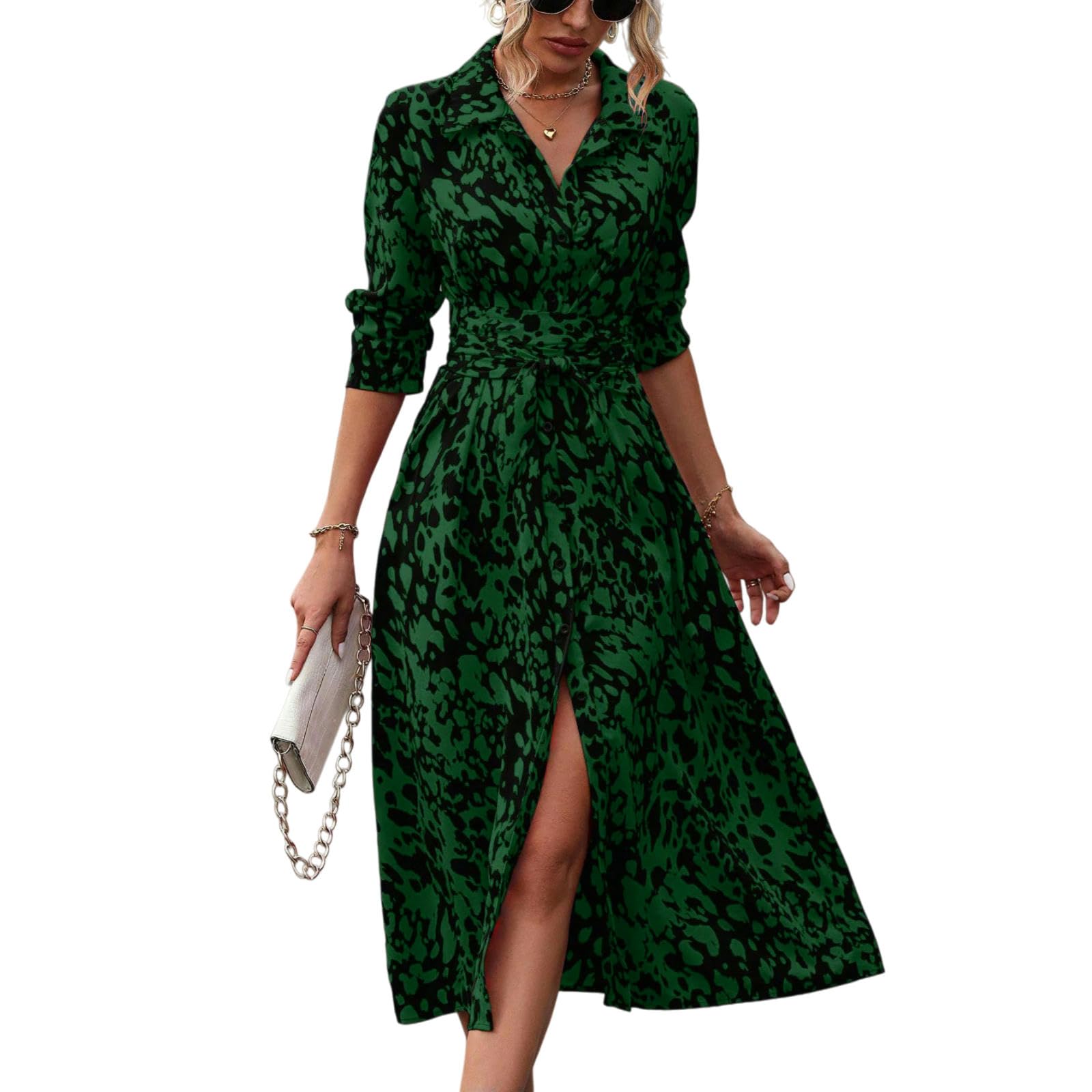 Abito Donna da Abbottonato A Camicia Maniche Lunghe con Cintura in Vita Midi Primavera Autunno Ufficio Casual-Verde Militare-l