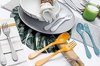Vista 8 de Knork Eco Astrik - Juego de utensilios reutilizables compostables a base de plantas con funda de transporte, naranja, azul, blanco y gris, juego
