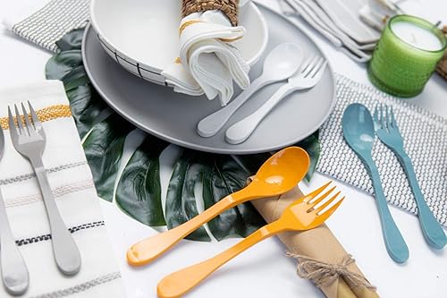 Miniatura 8 de Knork Eco Astrik - Juego de utensilios reutilizables compostables a base de plantas con funda de transporte, naranja, azul, blanco y gris, juego de