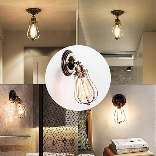 Miniatura 2 de LULING Aplique de pared industrial, iluminación vintage, lámpara ajustable, enchufe, alambre, jaula de metal, pantalla de luz de pared, estilo