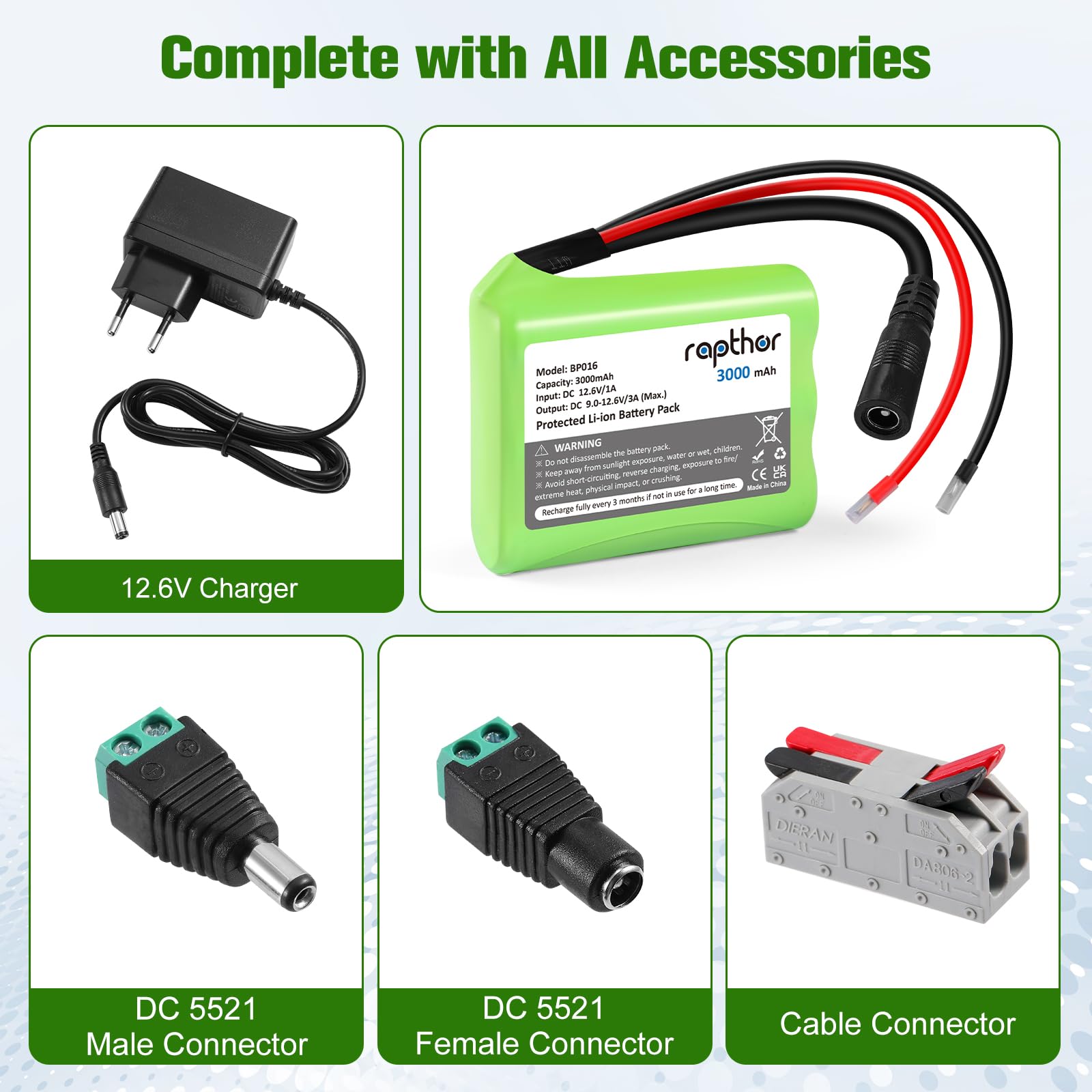 Rapthor 12V 3000mAh DC Wiederaufladbarer Lithium-Ionen-Akku 3Ah mit Ladegerät und DC5521-Stecker für Router, CCTV-Kamera, LED-Streifenlicht, DIY-Werkzeuge und andere 12-Volt-Geräte (kleine Größe)