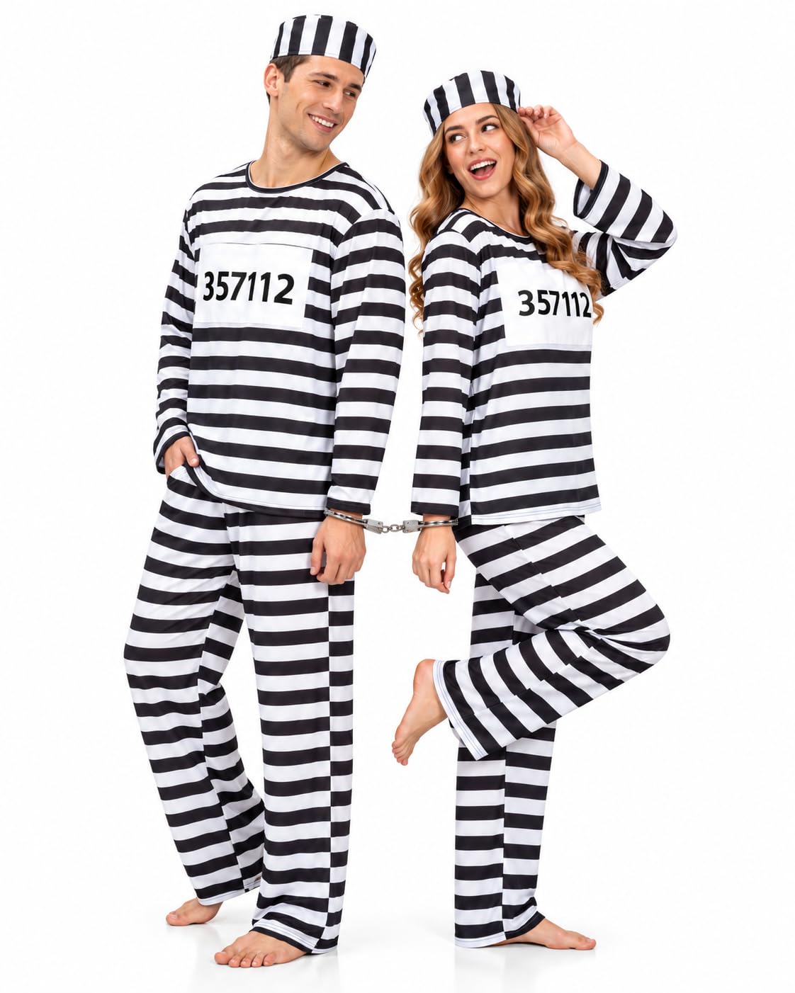 Halloween Costumes for Men Prisoner Costume with Handcuffs Women Inmate Cosplay Jail Criminal Outfit Convict Dress Up