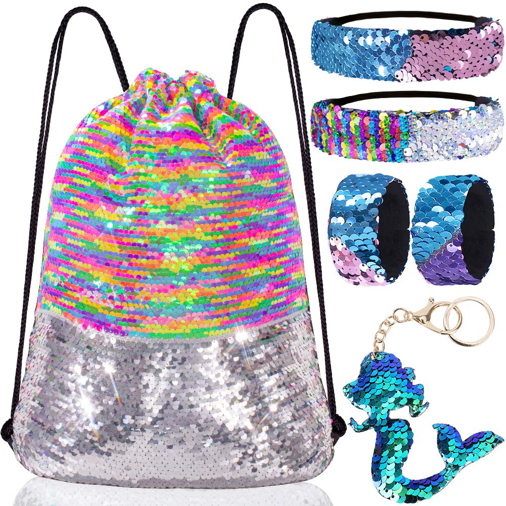 GA&EN Mermaid Reversible Sequin Drawstring Backpack/Bag Rainbow/Silver for Kids Girls One_Size