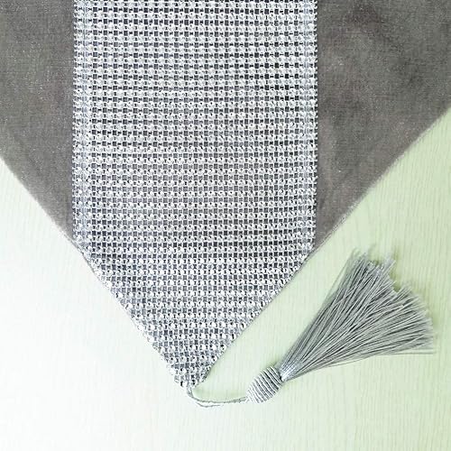Miniatura 3 de Camino de mesa moderno con cuentas y lentejuelas con borlas para comedor, 13 x 72 pulgadas, champán