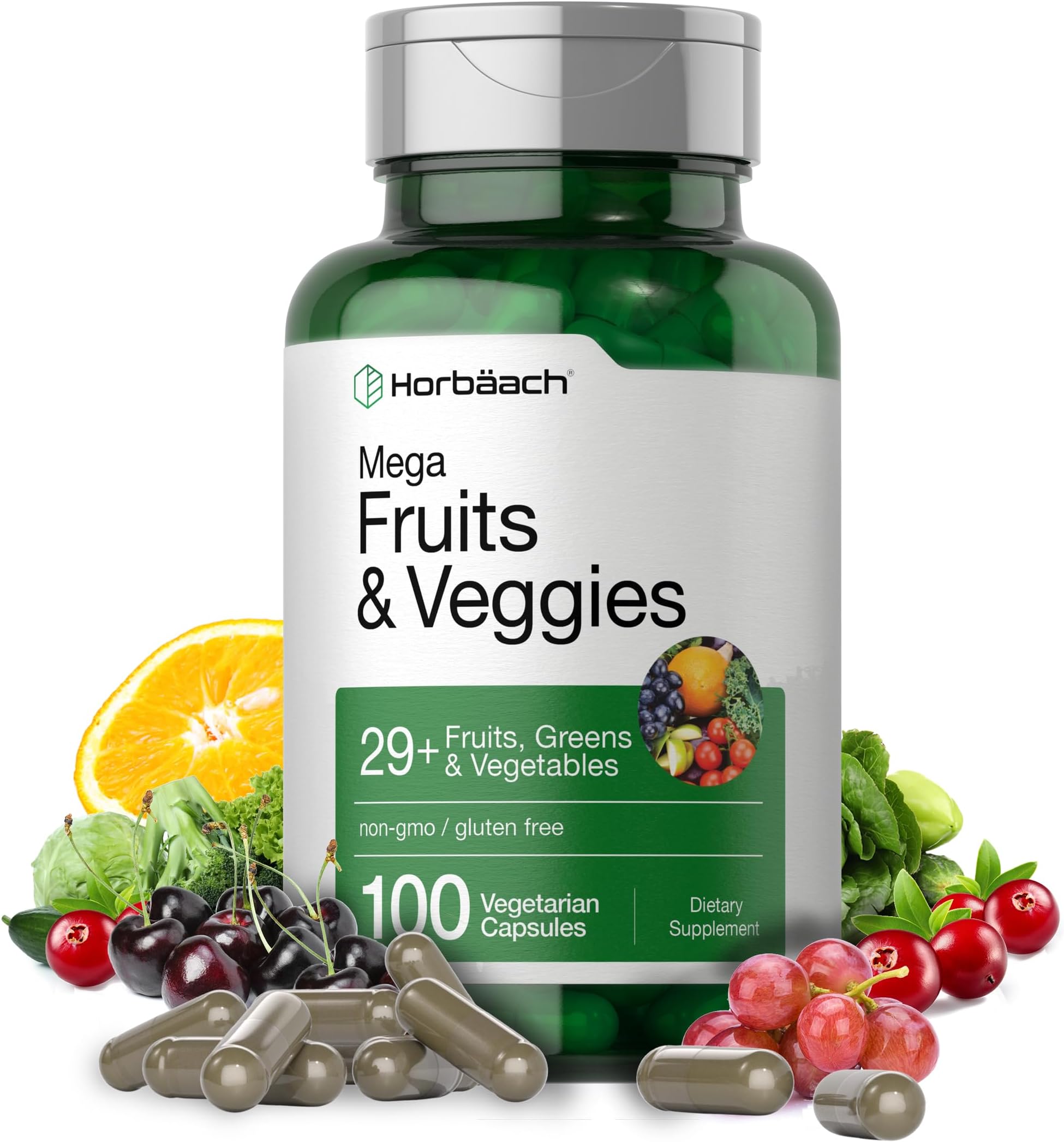 Horbรคach Mega Fruits and Veggies Supplement | 100 Capsules | Vegetarian, Non-GMO and Gluten Free