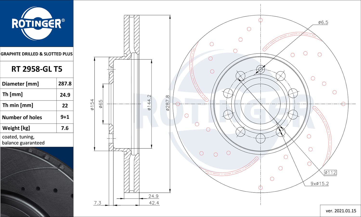 ROTINGER Rotori disco freno (asse anteriore, Set di 2 pezzi) Con rivestimento anticorrosione, RT 2958-GL T5