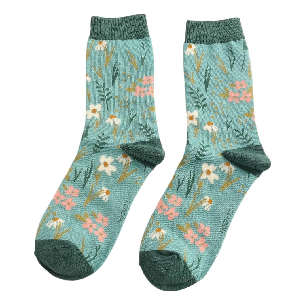 Mr Sparrow Meadow Flowers on Duck Egg Womens Novelty Ankle Socks Adult One Size