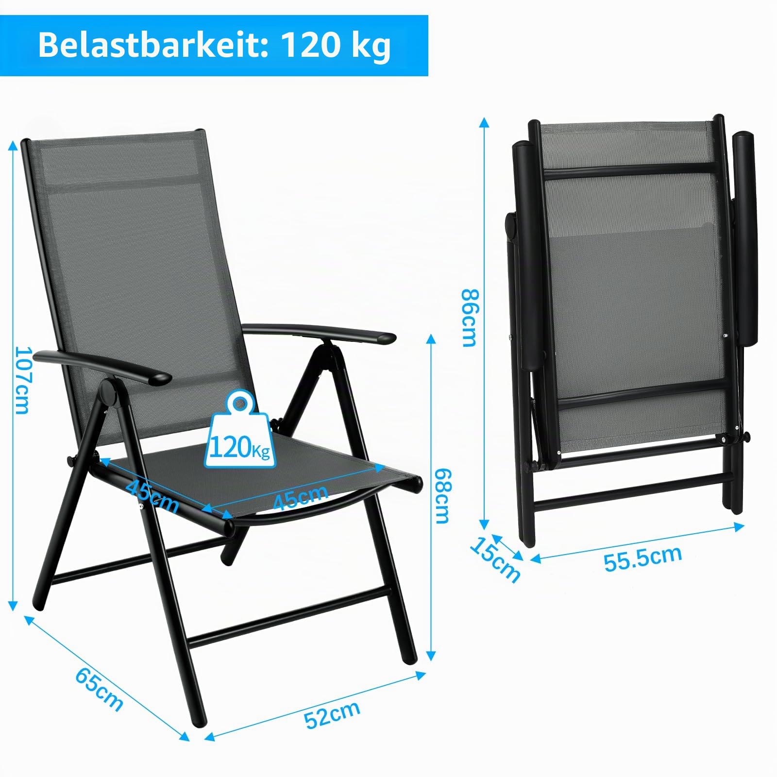 LIFERUN Gartenstuhl Hochlehner Klappbar, Alu Balkonstuhl 2er Set | Gartenstühle 7-Fach Verstellbar bis 120kg, Gartensessel Outdoor, Wetterfest, Klappstuhl Campingstühle, Dunkelgrau