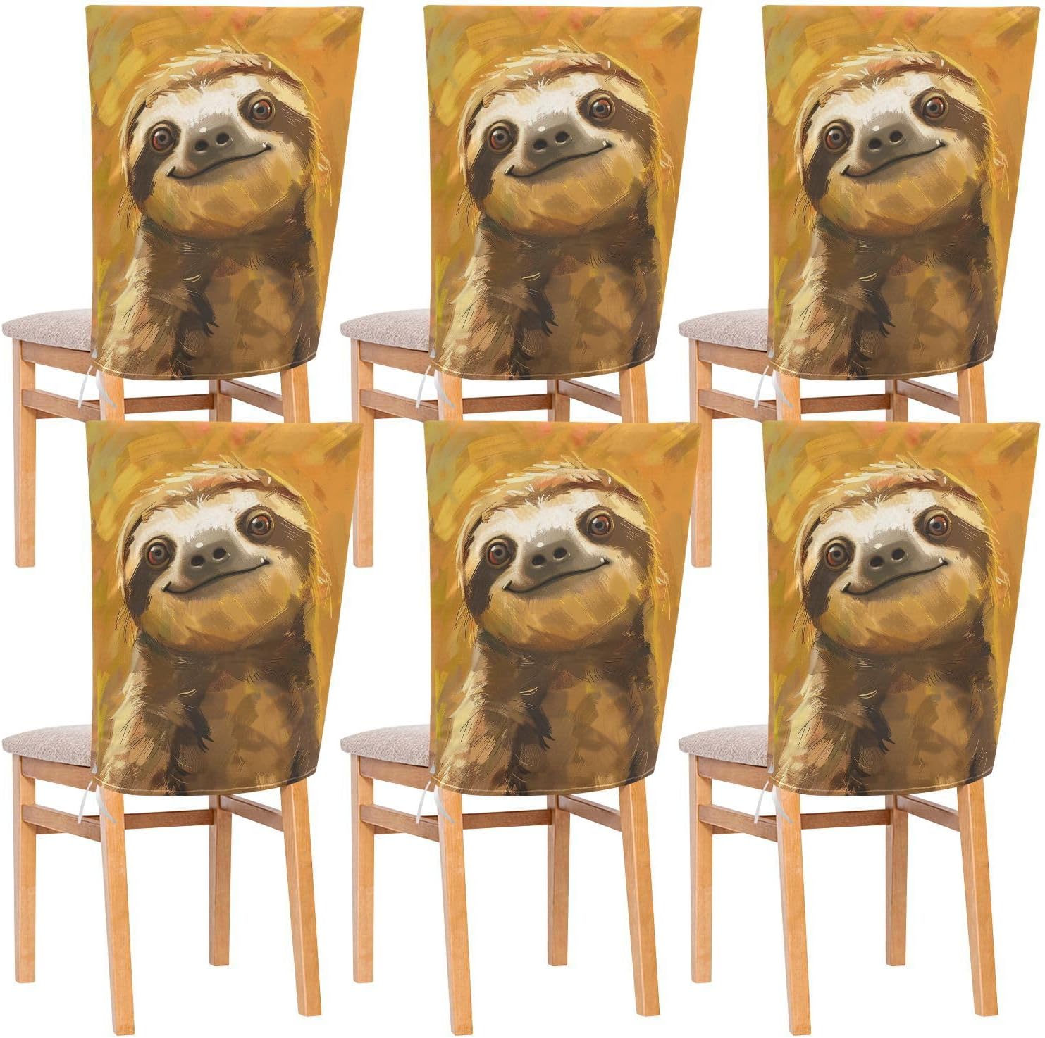 ALAZA Sloth Yellow Chair Back Cover Set of 6, Washable Reusable Removable Chair Slipcovers Decorative Chair Cover for Home Kitchen Wedding Party