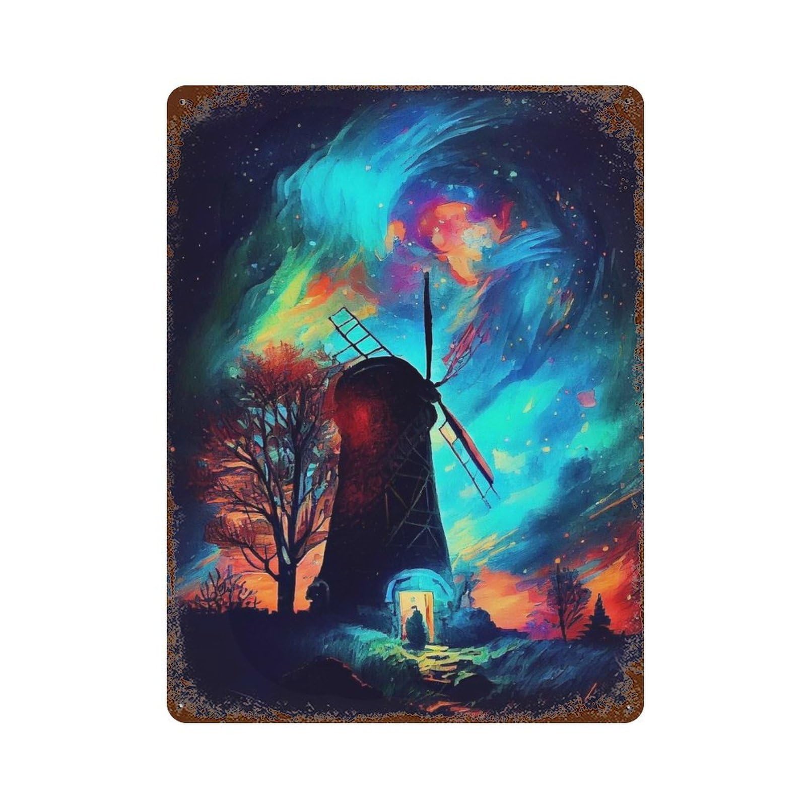 Distressed Metal Wall Sign Neon Night with Windmill 15.7"x11.8", Retro Wall Decor for Basement, Hobby Room And Garage Decor