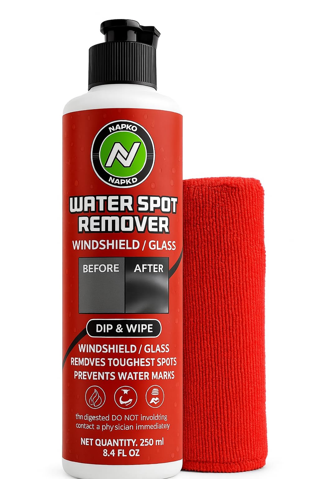 Napko Water Spot Remover Liquid with Microfiber Cloth – Hard Water Stain Remover for Glass Surfaces, Non-Abrasive Formula, Fast Results