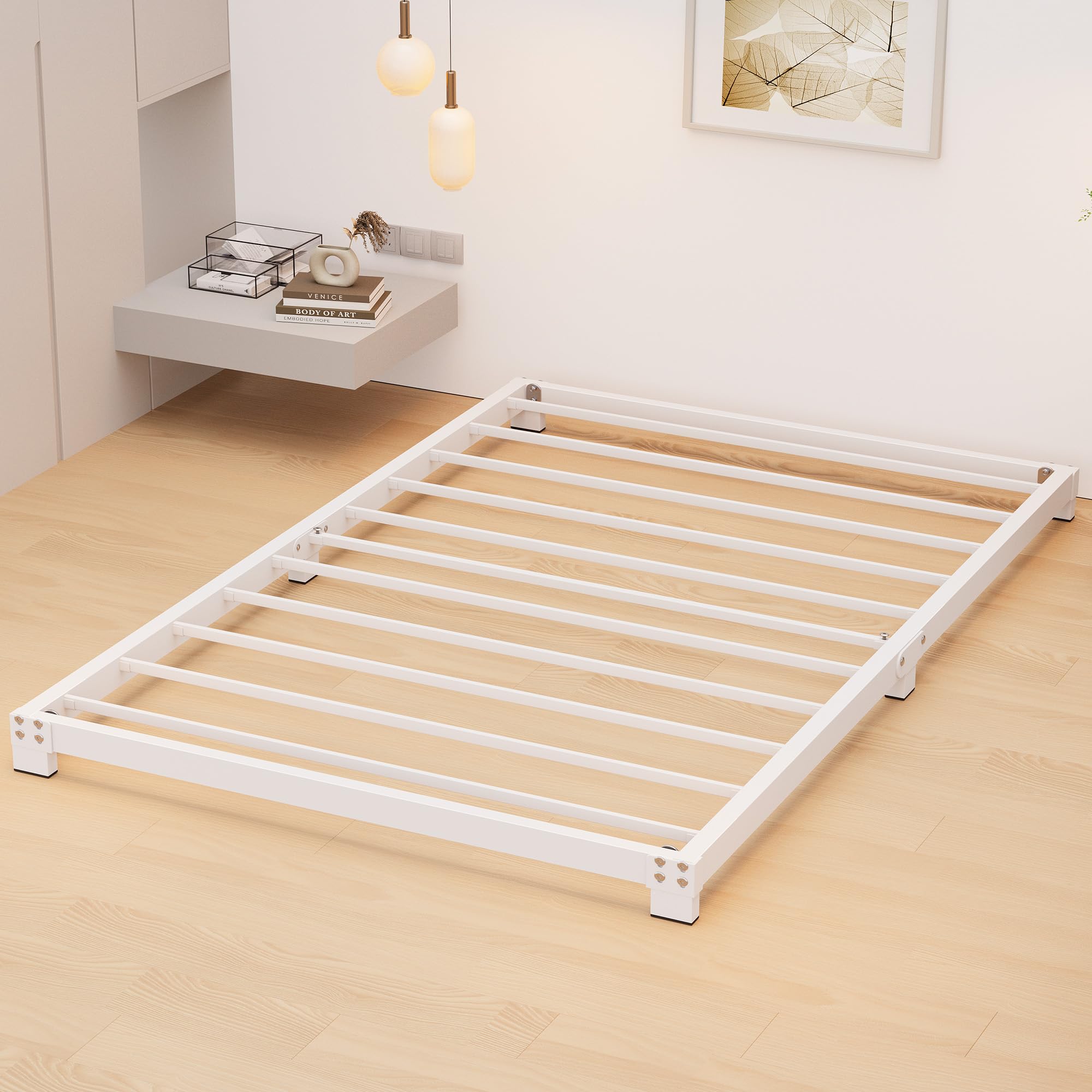 VERFARM 8cm Low 3ft Single Bed frame, Metal Bed 90x190 cm, Single Size Heavy Duty Metal Platform Bed Frame with Steel Slat Support, No Box Spring Needed,Easy Assembly, Noise Free, White