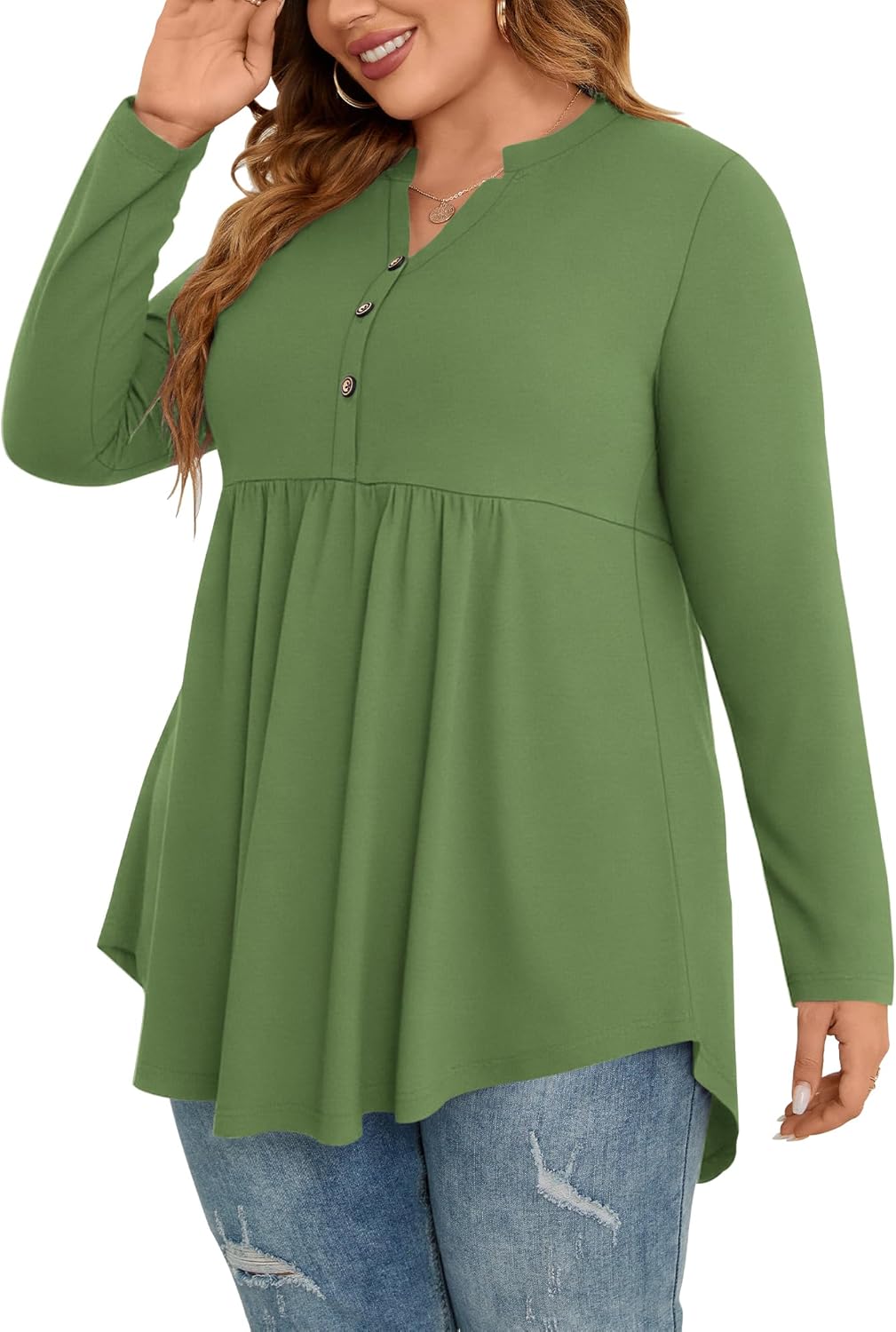 PLOKNRD Women's Plus Size Tops Long Sleeve Henley V Neck Button Up Flowy T Shirts Tunic Loose Blouses - Image 3
