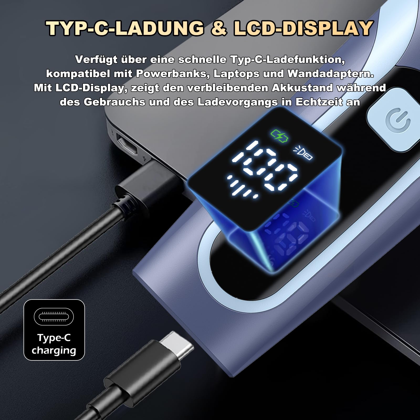 Vakuum Barttrimmer Herren, Wiederaufladbarer Bartschneider Herren Elektrisch Rasierer, IPX7 Wasserdichter kabelloser haarschneidemaschine (ab 1 mm bis 20 mm) mit Typ-C Aufladung, LCD Display (Blau)
