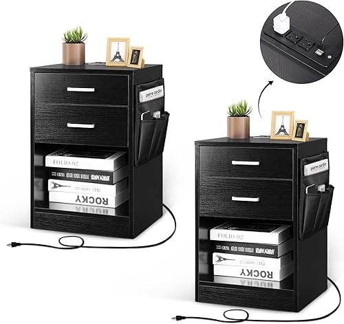 TOLEAD Juego de 2 mesitas de noche blancas con estación de carga y puertos USB mesa auxiliar con 2 cajones de almacenamiento de madera y estante