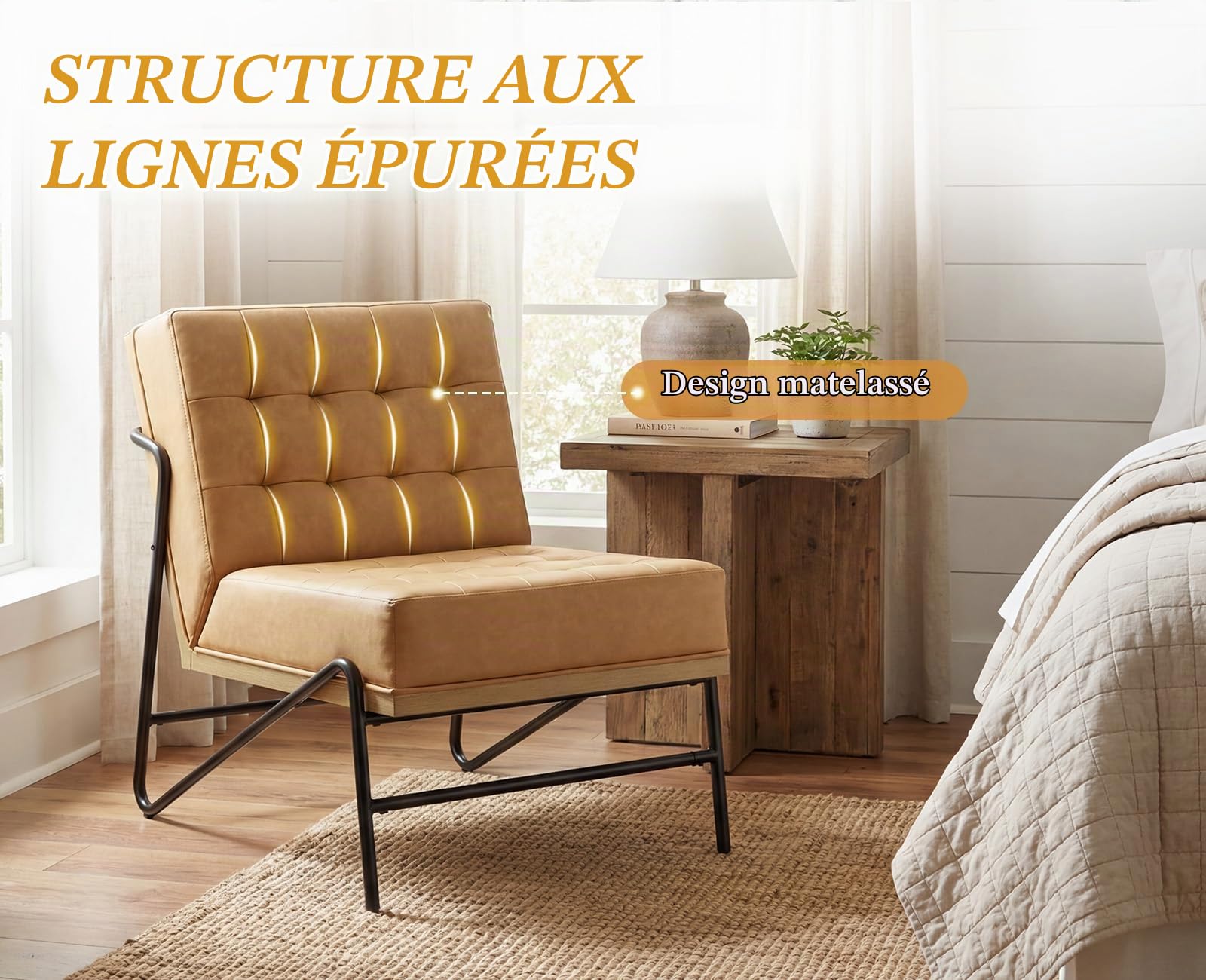 chairus Fauteuil Scandinave Cuir PU Chaise de Chambre Confortable, Marron