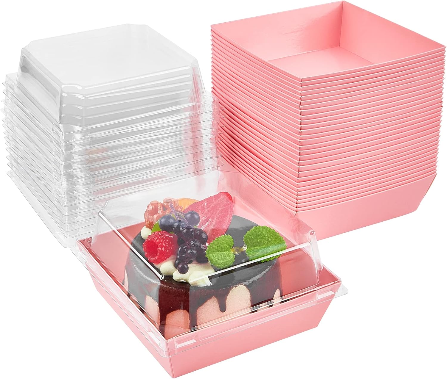 Kucoele 100 Pack Paper Charcuterie Boxes with Clear Lids, 4 Inches Pink Cookie Boxes Dessert Boxes Disposable Food Containers for Sandwich, Cake Slice, Cupcake, Chocolate Covered Strawberry
