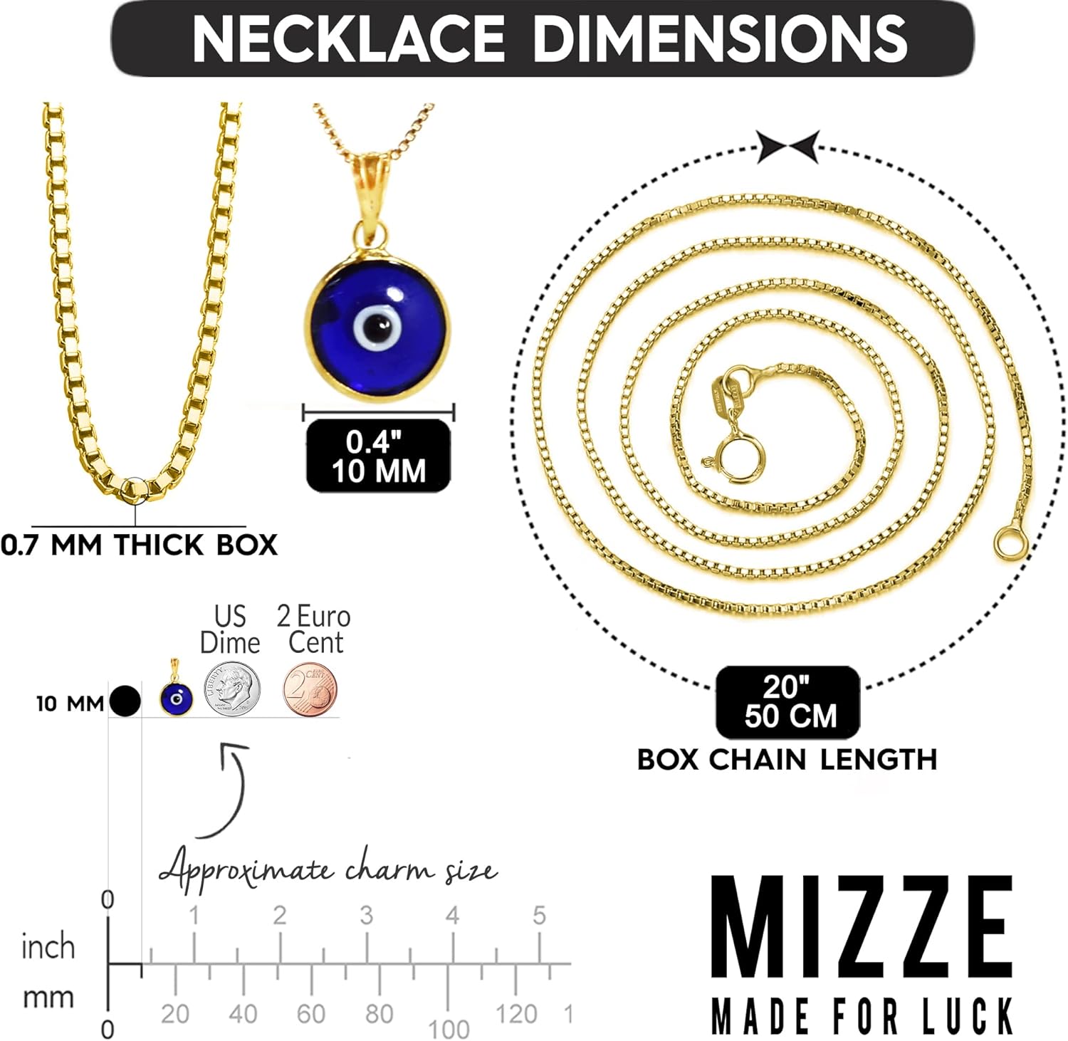 14K Gold Filled Box Chain Necklace 20 Inches Long with 10 MM Blue Glass Evil Eye Protection Charm for Women - 14K Gold Filled Jewelry Made in Italy - Image 3