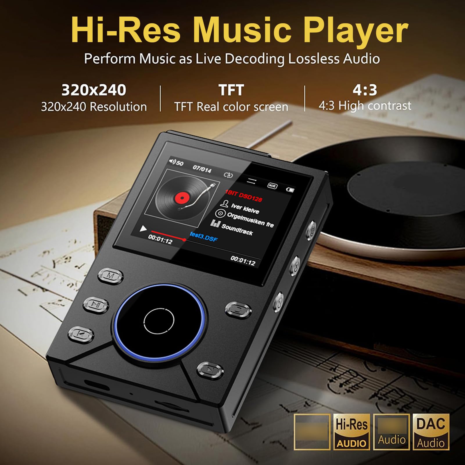 Lettore Musicale HiFi Lossless con Bluetooth, Schermo TFT da 2,4", Controllo Volume Tramite Rotella ALPS, Lettore MP3 HiFi Portatile, 16 GB Interni e 256 GB Espandibili (BLACK)