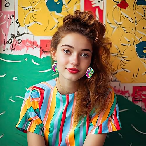 Miniatura 6 de 4 pares de aretes vintage con cinta de casete para mujer, aretes colgantes geométricos retro de los años 80 y 90, trajes de cosplay, fiesta de