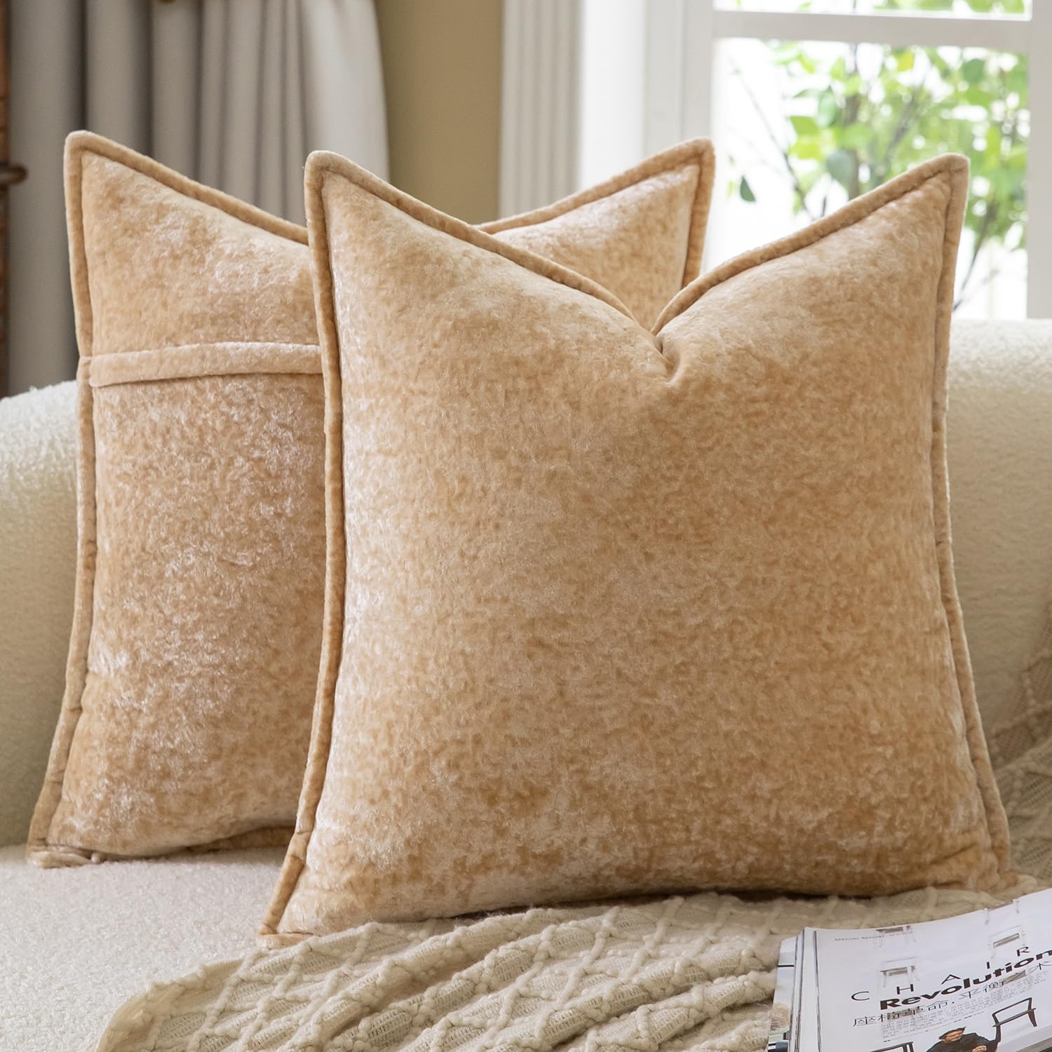 Madizz Decorative Vintage Chenille Cushion Covers Pack of 2 Plaid Couch Pillows Neutral Boho Farmhouse Pillow Cases Home Decor for Couch Sofa Bedroom Living Room 45x45 CM, Yellow