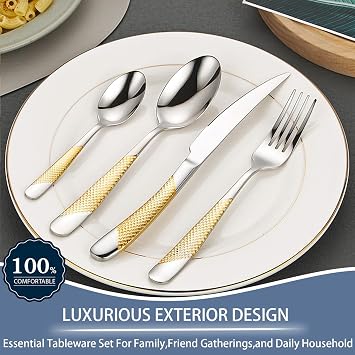 Cutlery Set with Stand, 24 Piece Gold Silverware Set Cutlery Set, Stainless Steel Flatware Set for 6 Person, Mirror Polished Tableware Set with Holder for Home Kitchen (Gold+Silver)