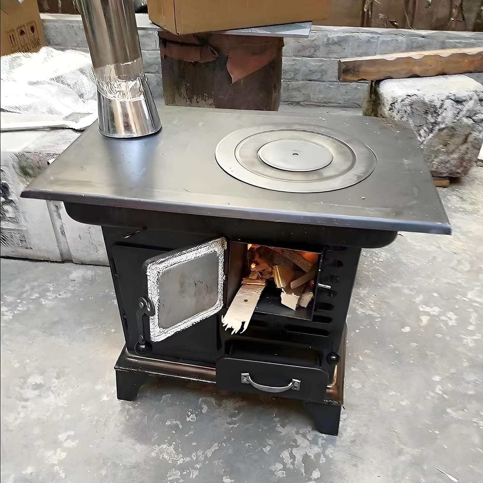 Stufa a Legna in Ghisa Portatile Riscaldamento Robusto con Anello Regolabile Cassetto Cenere e Camino, Perfetta Casa, Capanna e Campeggio