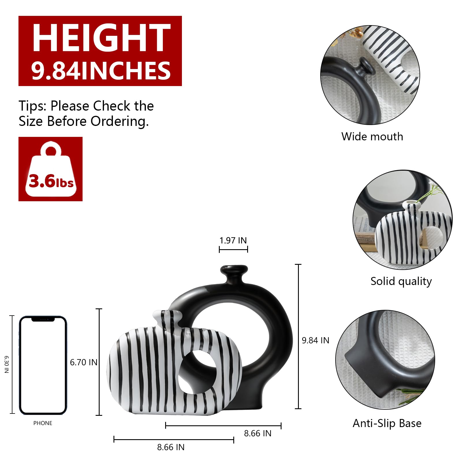 Relexome Keramikvasen, 2er-Set, modern, gestreift, Donut-Blumenvasen, minimalistisch, nordischer Stil, Schwarz und Weiß, dekorative Vasen für Heimdekoration, Tischdekoration, Wohnzimmer, Bücherregal