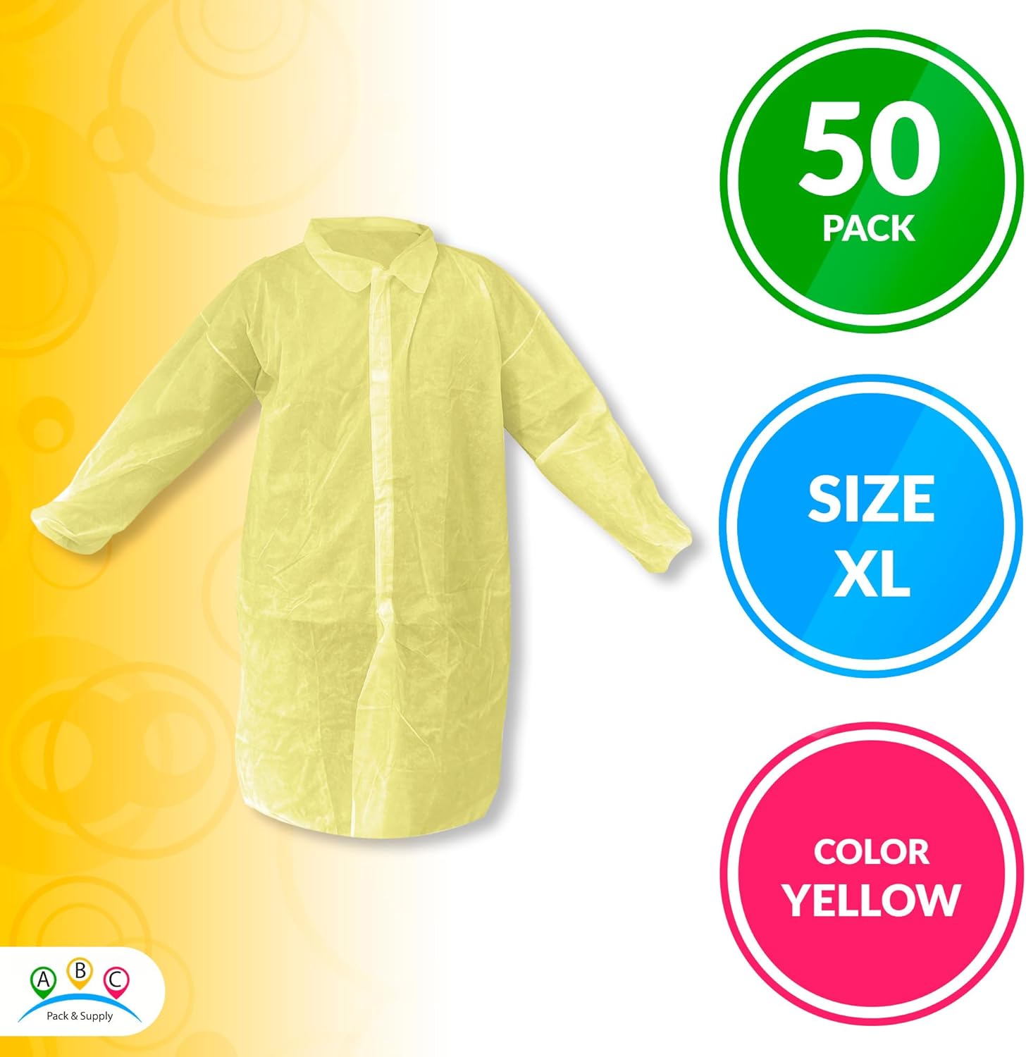 ABC Yellow Disposable Lab Coats for Adults, XL. 50 Pack PP Disposable Coats Medical. 44 Inches Length Painting Lab Coat No Pocket, Hook and Loop, Collar, Elastic Wrists. Medical PPE Coat