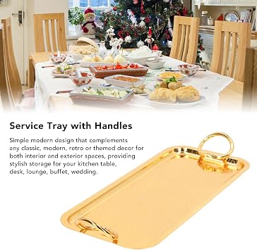 Serving Tray Rectangular Tea Cup Tray Gold Storage Fruit Stainless Steel with Round Handle Gold Serving Decorative for Wedding Party Birthday Picnic