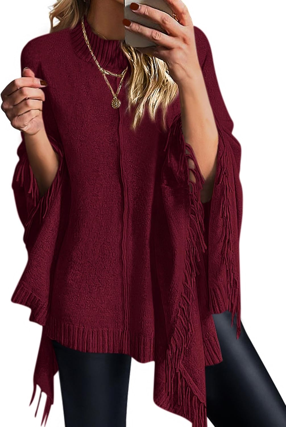 PRETTYGARDEN Women's 2025 Fall Winter Poncho Sweaters Trendy Chunky Knit Fringe Shawls Wraps Pullover Tops Holiday Outfits