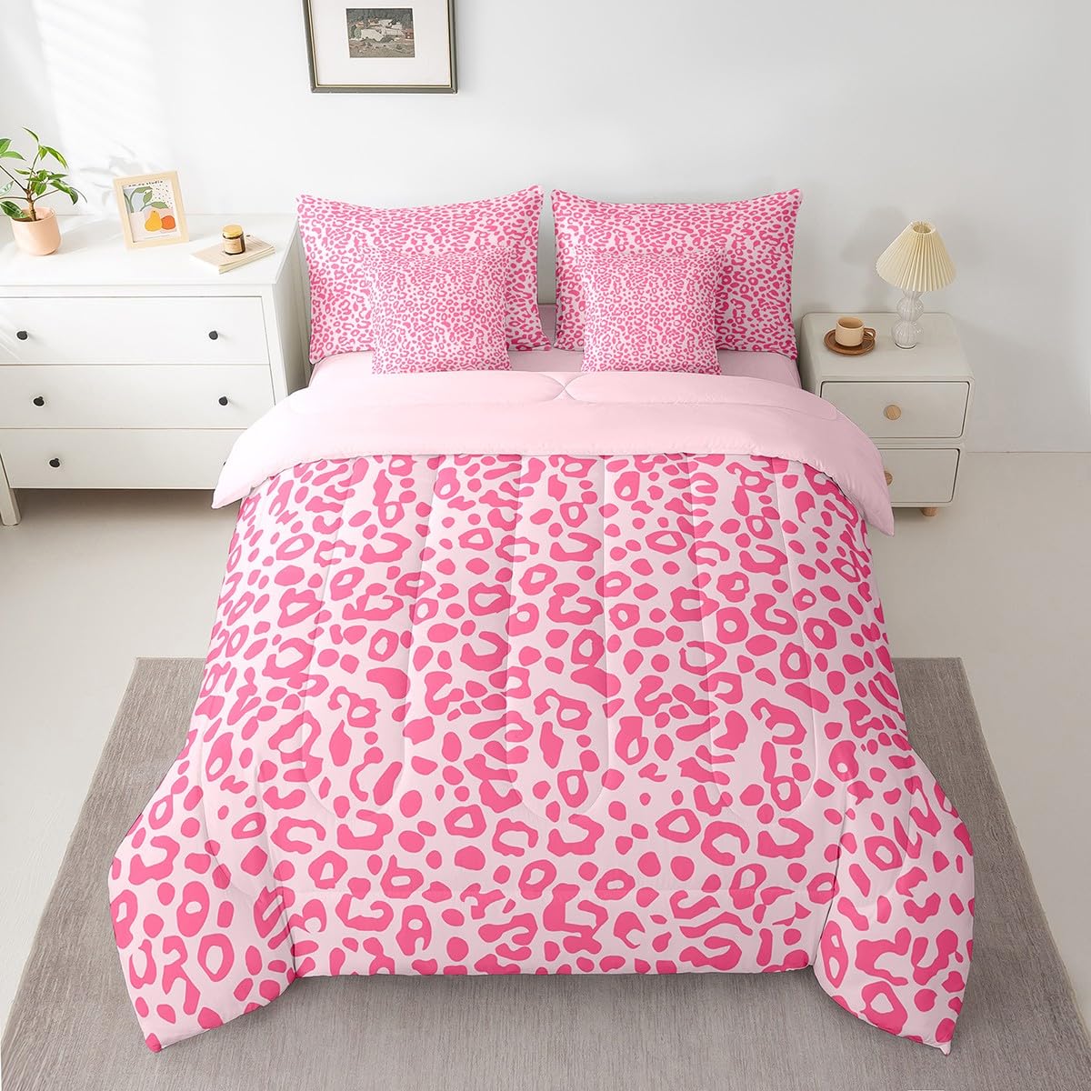 Feelyou Cute Leopard Bedding Set for All Season Cheetah 7 Pieces Comforter Sets Full Size Teens Room Decor Pink Animal Print Bed in a Bag with Comforter, Sheets, Pillowcases & Cushion Cover