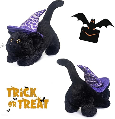 Miniatura 7 de My OLi Gato negro de peluche, animales de peluche suaves con una voz espeluznante, gato de peluche de Halloween con sombrero de bruja, juguetes de