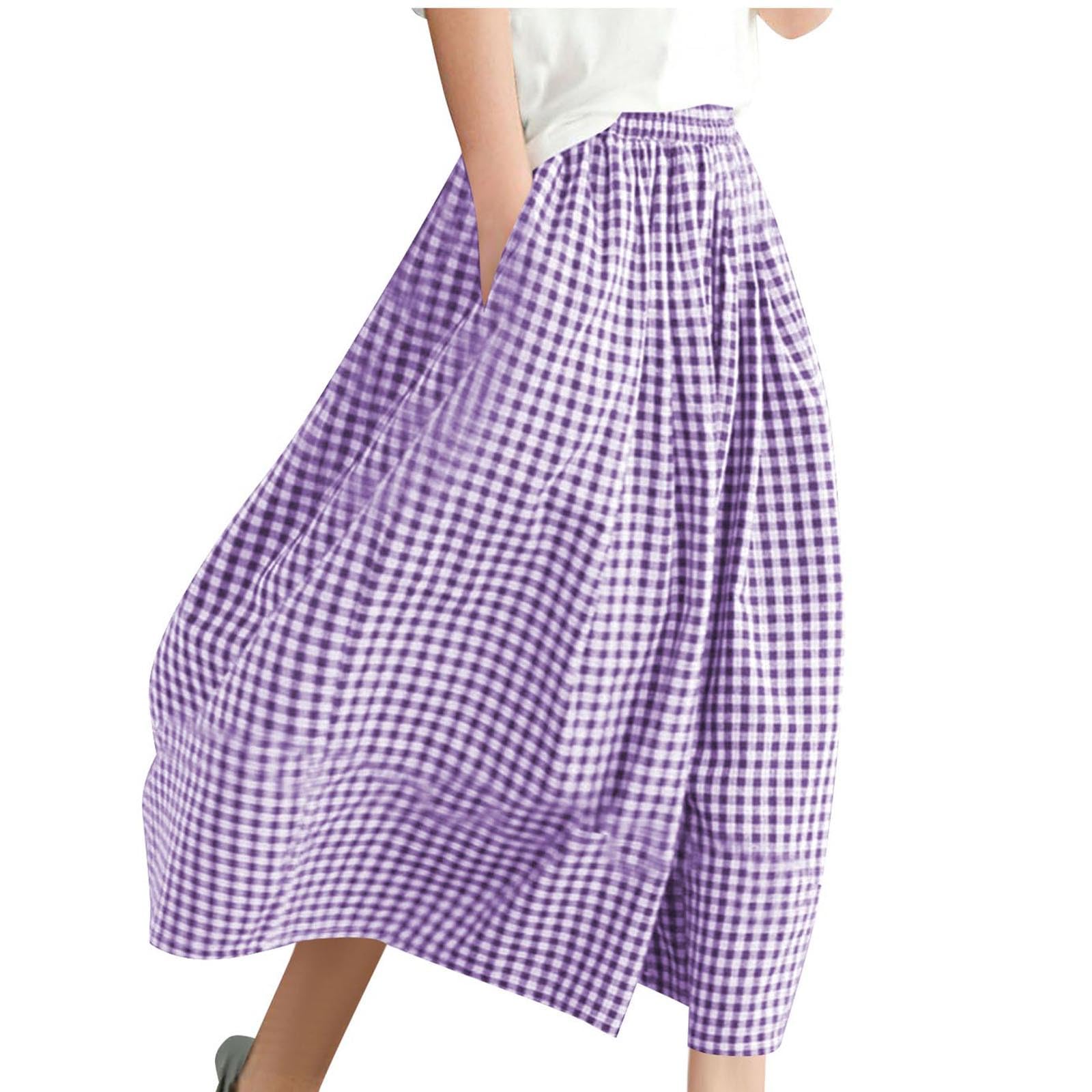 Culottes for Women Flowy Elastic Waist Plaid Cropped Pants Casual Palazzo Pant Lightweight Wide Leg Lounge Pant(Purple,Large)